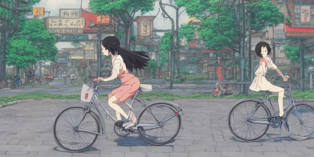 Image similar to anime girl riding bicycle in highly detailed japanese city, studio ghibli style, by hayao miyazaki, sharp focus, highly detailed, 4k