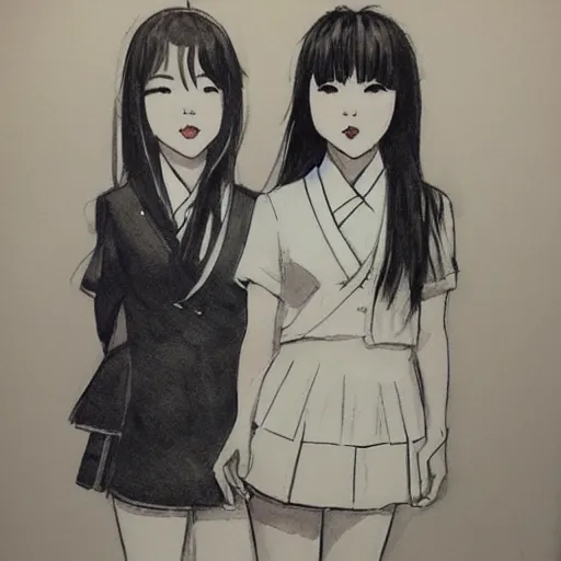 Image similar to a perfect, realistic professional digital sketch of two Japanese schoolgirls posing, in style of Marvel, full length, by pen and watercolor, by a professional American senior artist on ArtStation, a high-quality hollywood-style sketch, on high-quality paper