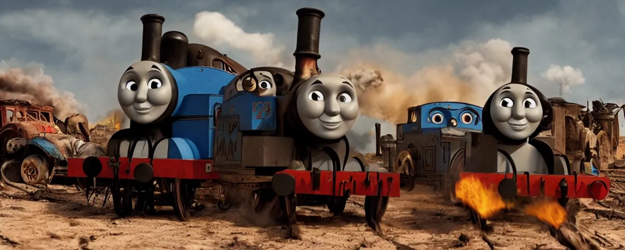 Image similar to Thomas the Tank Engine in the fiery Wasteland of MAD MAX: FURY ROAD