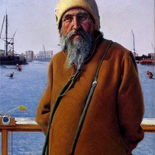 Image similar to painting of sailor hobo hyperrealism vasily vereshchagin at harbor boat