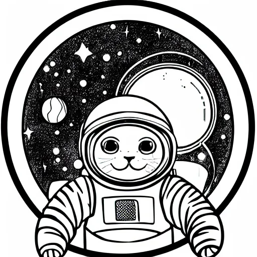 Prompt: Coloring page of an astronaut tabby cat with a bubble as a helmet, visiting Saturn, surrounded by bubbles