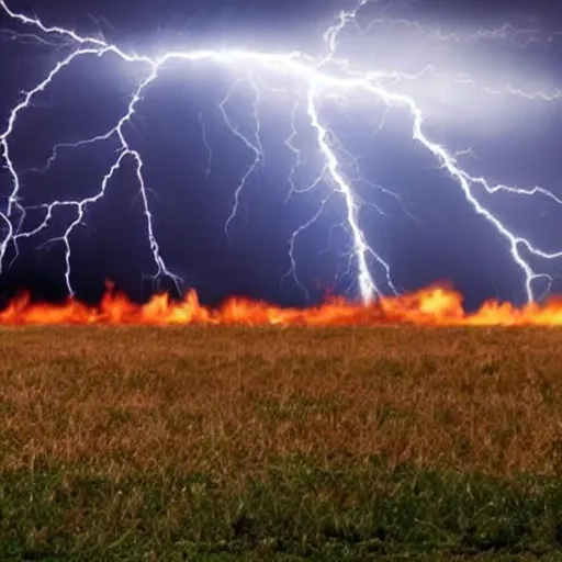 Image similar to kenneth copeland struck by lightning bold from the sky, fire around, open field