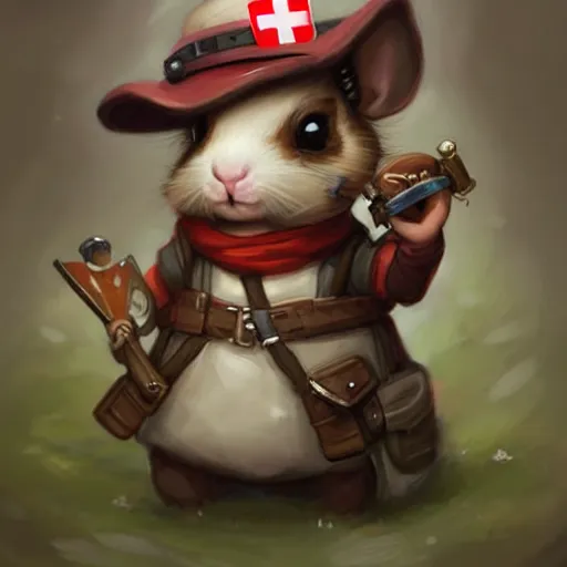 Image similar to cute little anthropomorphic Guinea Pig Field Medic, tiny, small, short, Modern Field medic with red cross, cute and adorable, pretty, beautiful, DnD character art portrait, matte fantasy painting, DeviantArt Artstation, by Jason Felix by Steve Argyle by Tyler Jacobson by Peter Mohrbacher, cinema