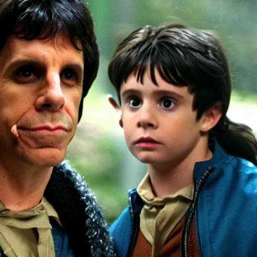 Prompt: Ben stiller as Harry Potter on running with hagrid