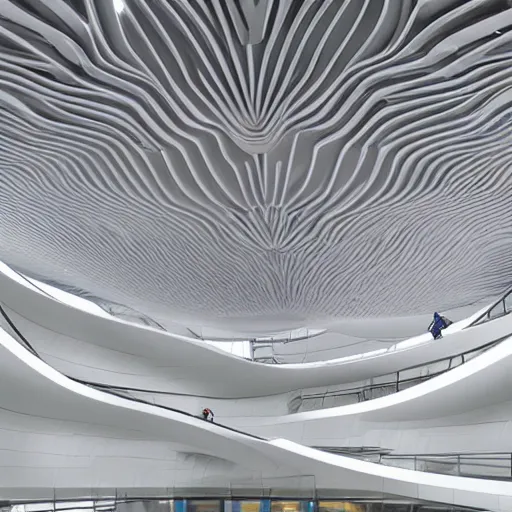 Prompt: stunning beautiful futuristic museum interior by Zaha Hadid, smooth curvilinear dragonfly wings pattern, pastel light gray dark gray, hyper real highly detailed