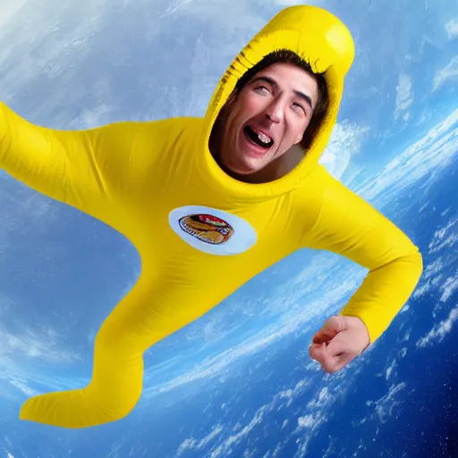 Image similar to man floating in space wearing a banana costume