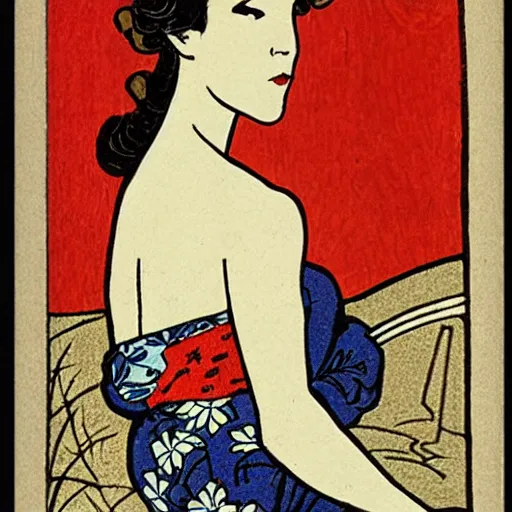 Image similar to art nouveau style, colored woodblock print, beautiful woman reclining