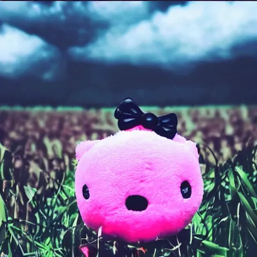 Image similar to “burning flaming hello kitty plush doll falling from the night sky, explosion burning glowing particles everywhere raining down from dark black sky into a dark cornfield. Flash photo.”