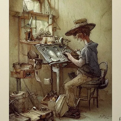 Prompt: cluttered inventors workshop. muted colors. by Jean-Baptiste Monge !!!!!!!!!!!!!!!!!!!!!!!!!!!