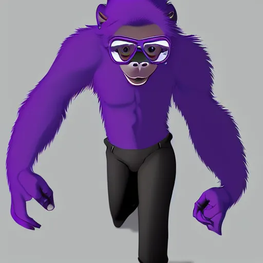 Image similar to a anime style digital art of a purple fur gorilla wearing a black suit, black pants, black shoes and a black, trending on arstation, ilya kuvshinov