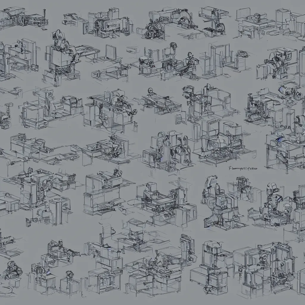 Image similar to storyboard sketches of robot factory production line, cinematic, epic, 4 k, concept art by feng zhu