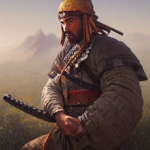 Image similar to Hyper realistic detailed portrait of Kurdish samurai, Stephen Bliss, unreal engine, fantasy art by Greg Rutkowski, Loish, Rhads, ferdinand knab, Makoto Shinkai and Lois van baarle, ilya kuvshinov, rossdraws, Tom Bagshaw, alphonse mucha, global illumination, radiant light, detailed and intricate environment, highly detailed, award winning art