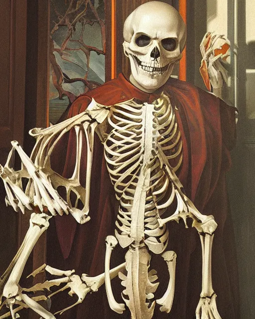 Prompt: A painting of Martin Luther nailing a paper skeleton Halloween decoration to the door of a suburban home, in the styles of Ferdinand Pauwels, Greg Rutkowski, Alphonse Mucha, and Tim Burton, intricate, hyperrealistic, accurate facial details, volumetric lighting