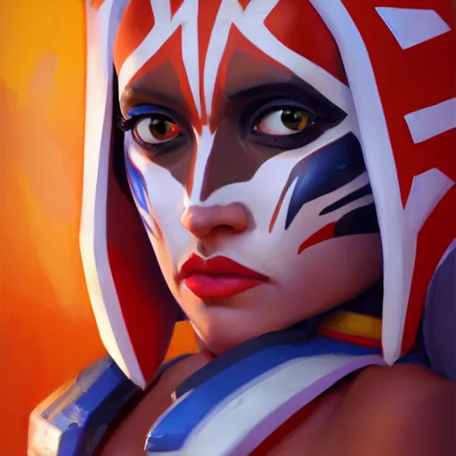 Prompt: greg manchess portrait painting of ahsoka tano as overwatch character, medium shot, asymmetrical, profile picture, organic painting, sunny day, matte painting, bold shapes, hard edges, street art, trending on artstation, by huang guangjian and gil elvgren and sachin teng