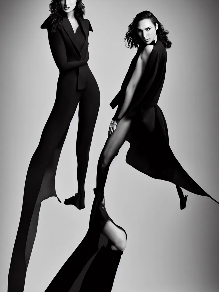 Image similar to professional mid shot photograph of fashion model gal gadot wearing black suit by reza nia, nick knight, amy judd, jil sander minimal romantic heavenly elite style, posed, beautiful, studio, studio lighting, flat neutral tone, sharp focus, 8 k, very fine detail, stunning matte painting