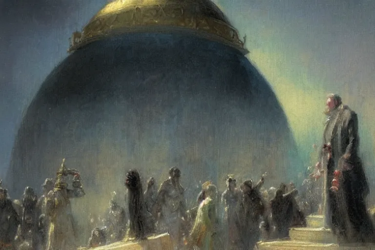 Image similar to illustration of a black dome on a stage. a malevolent man stands on top of the dome grandstanding. art by gaston bussiere.