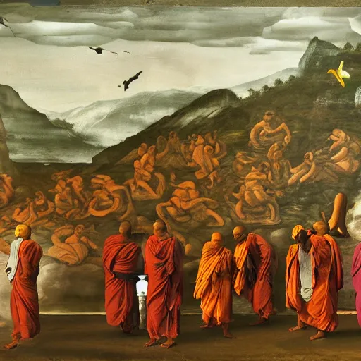 Image similar to blindfolded hindu monks following giant crow greek senete baroque painting, lionardo davinchi