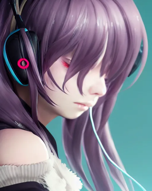 Image similar to beautiful portrait of a woman with pastel long hair with her eyes closed facing the camera with headphones on in the style of a code vein character, momo from twice in code vein in the style of WLOP, artgerm, yasutomo oka, rendered in unreal engine and redshift octane , dynamic dramatic lighting, soft lighting, imagine fx, artstation, cgsociety, by Bandai Namco artist, background is surrounded by epic neon glitch effect digital art