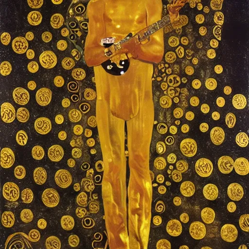 Prompt: a gold painting of Prince in the style ok Klimt. Lots of gold foil. So much gold. Gold color scheme.