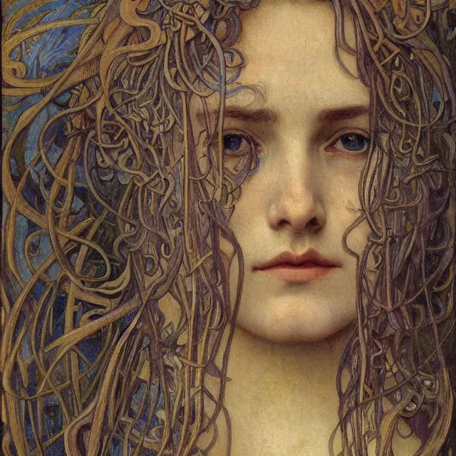 Image similar to detailed realistic beautiful young medieval queen face portrait by jean delville, alphonse mucha, vincent van gogh, and marco mazzoni, art nouveau, symbolist, visionary, gothic, pre - raphaelite