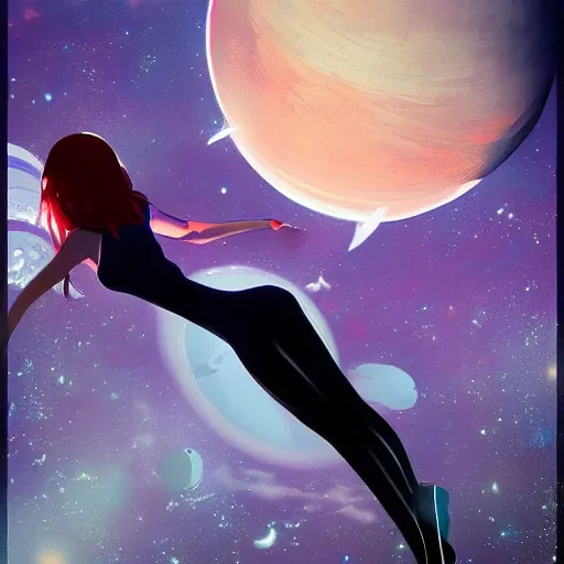 Image similar to ilya kuvshinov art of a woman floating in space