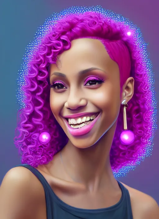 Image similar to portrait of young vanessa morgan with bright pink hair, black girl, vanessa morgan, curly pixie cut hair, wearing a purple newsboy cap, breton cap, confident smile, hoop earrings, intricate, elegant, glowing lights, highly detailed, digital painting, artstation, concept art, smooth, sharp focus, illustration, art by wlop, mars ravelo and greg rutkowski