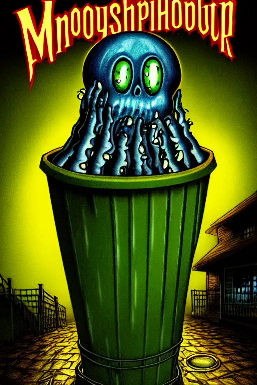 Image similar to a photorealistic vintage goosebumps cover art style illustration of a transparent jelly monster coming out of a garbage can in a dark alley way at night with moonlight casting shadows october autumn.