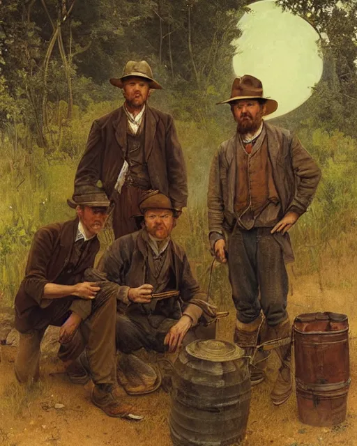 Prompt: portrait of three Appalachian bootlegger boys with detailed features and a moonshining still in the background, dutch camera view, moonshine jars, dirt, Appalachian mountains, sharp focus, illustration, highly detailed, oil painting, matte, art by Greg Rutkowski and Alphonse Mucha, masterpiece