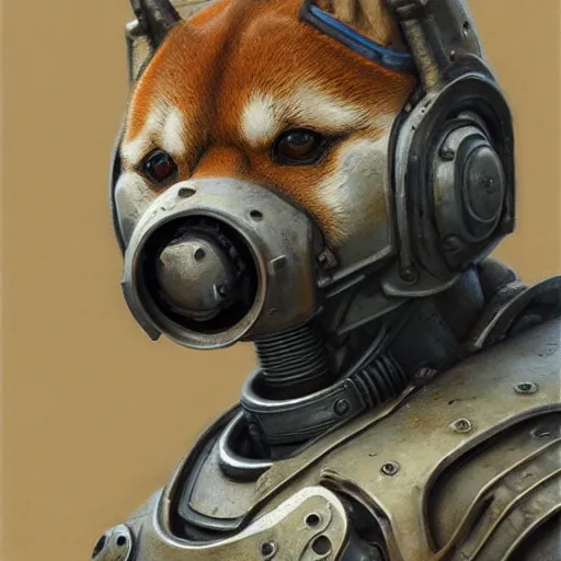 Image similar to t - 5 1 power armor, realistic anthropomorphic shiba inu, fantasy, t - 5 1 power armor glowing electric aura, by donato giancola and greg rutkowski and wayne barlow and zdzisław beksinski, realistic face, visible face, digital art, artstation, symmetry