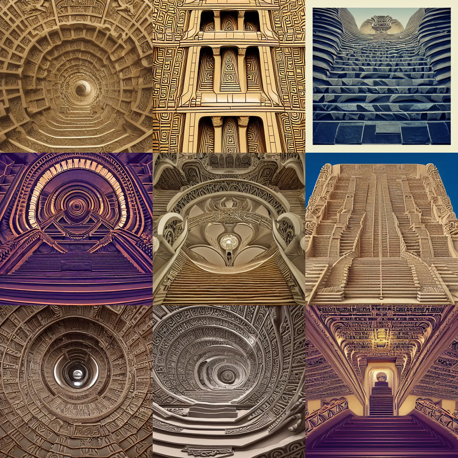 Prompt: repeating spiraling intricate detailed recursive Ziggurat upwards stairs by Sylvain Sarrailh and Nicholas Roerich and Annie Swynnerton, art deco ,dramatic cinematic lighting, high coherence, beautiful tilework, ornate architecture, lost civilizations, smooth, sharp focus, extremely detailed + 8k