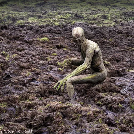 Prompt: a peat bog mummy climbing from the bog, snarling and angry, hyper realistic, photo, midday, rain