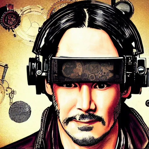 Prompt: Illustrated by Shepard Fairey and H.R. Geiger | Steampunk Keanu Reeves with VR helmet, surrounded by cables