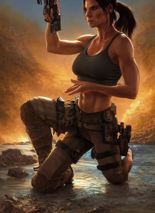 Image similar to Sandra Bullock as Lara Croft as a ruggedly handsome heroine kneeling next to a glowing artifact lodged in shallow water, intricate, elegant, highly detailed, artstation, concept art, smooth, sharp focus, illustration, bokeh art by artgerm and donato giancola and Joseph Christian Leyendecker, WLOP, fireflies