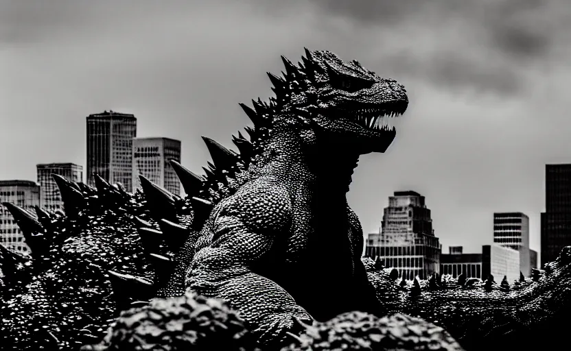 Image similar to photograph of Godzilla in Columbus Ohio, one point perspective, 1-point perspective, tilt shift, sigma 85mm f/1.4, 4k, depth of field, high resolution, 4k, 8k, hd, full color