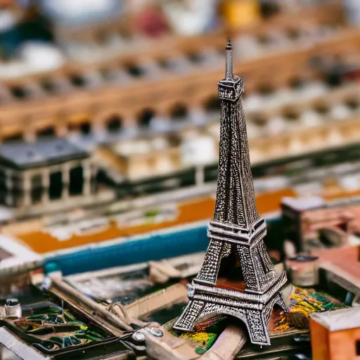 Prompt: a macro photo of a very detailed miniature model of the eiffel tower, close - up, intricately detailed buildings, cars and people, intricately detailed markings, intricate textures, warm lighting, vivid colors, realistic octane render, hyper realistic render, volumetric shading, depth of field, raytracing, 8 k,