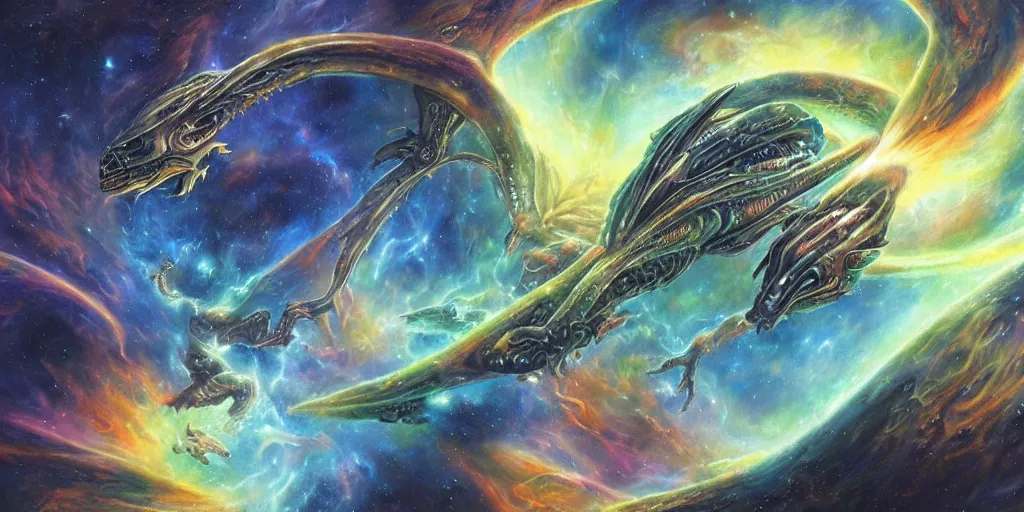 Image similar to an alien dragon flying through outer space, epic nebula, dan seagrave art