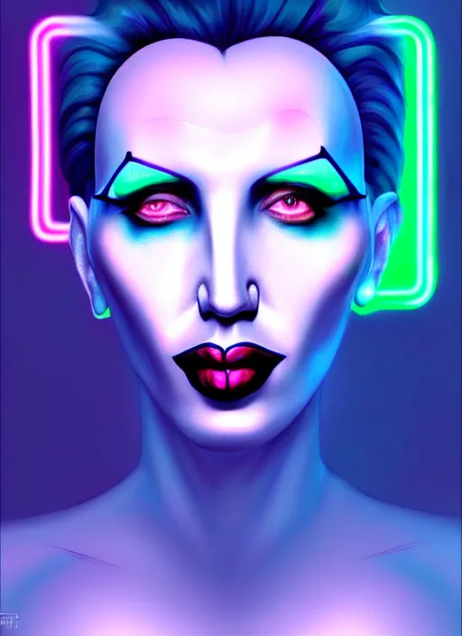 Image similar to portrait of marilyn manson cyber humanoid, intricate, elegant, cyber neon lights, highly detailed, digital painting, artstation, glamor pose, concept art, smooth, sharp focus, illustration, art by artgerm and greg rutkowski