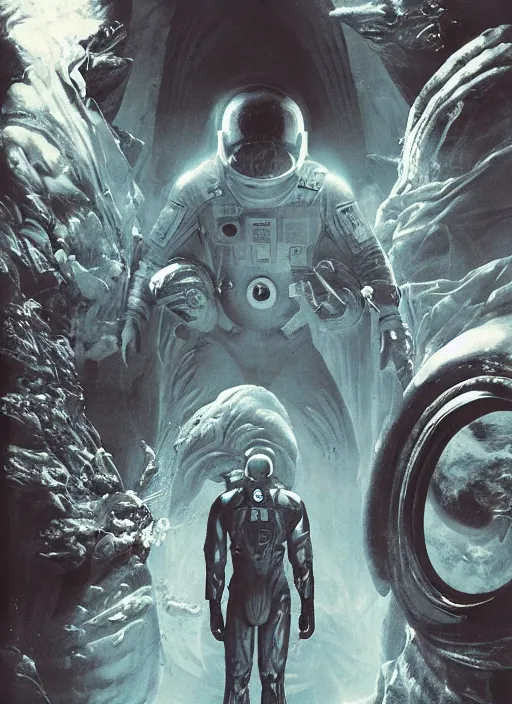 Image similar to astronauts in dark void underwater - complex and hyperdetailed technical suit. reflection and dispersion materials. rays and dispersion of light. volumetric light. f / 3 2. noise film photo. flash photography. ultra realistic, wide angle. poster by wayne barlowe, hajime sorayama aaron horkey, craig mullins