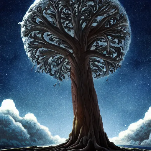 Prompt: giant tree of life on the moon, artstation, detailed, digital art