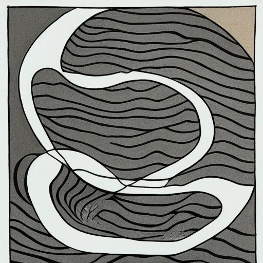 Image similar to umber by marjane satrapi angular. a river scene. the river is represented by a line winding through the center of the mixed mediart. the banks of the river are represented by two lines, one on each side.