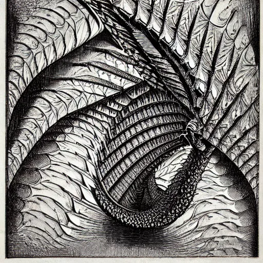 Image similar to woodcut of a vintage photo of a fractal dragon by escher, by piranesi