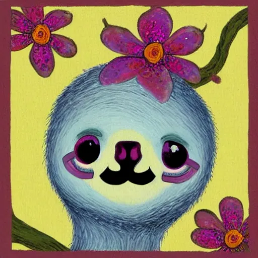 Image similar to fairy sloth with a crown of flowers by Jeffrey Smith and Erin Hanson and Chad Knight