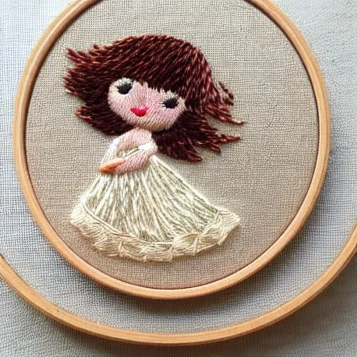 Image similar to a tiny beautiful handmade embroidery of a little girl with brown curly hair. hand embroidery.