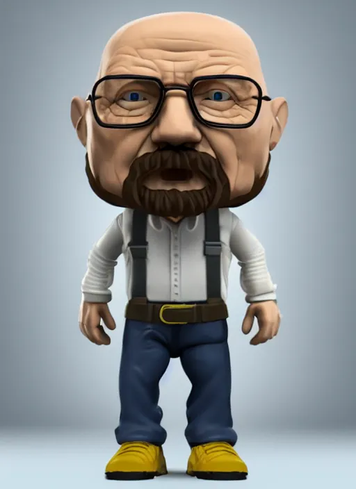 Image similar to full body 3 d render of walter white as a funko pop, studio lighting, white background, blender, trending on artstation, 8 k, highly detailed