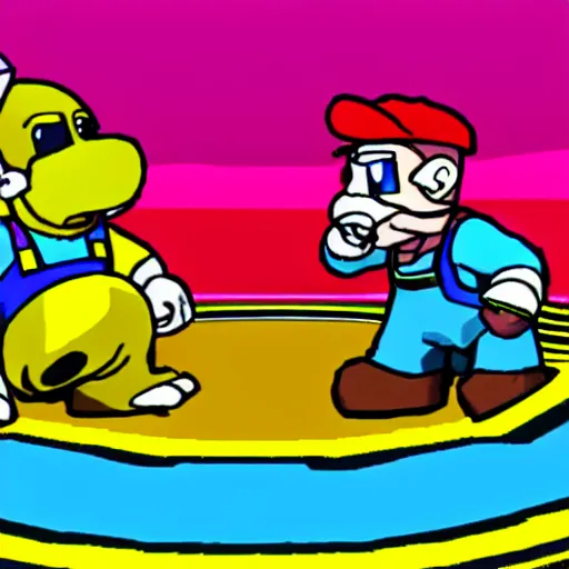 Prompt: walter white fighting kirby in super smash bros gamecube graphics