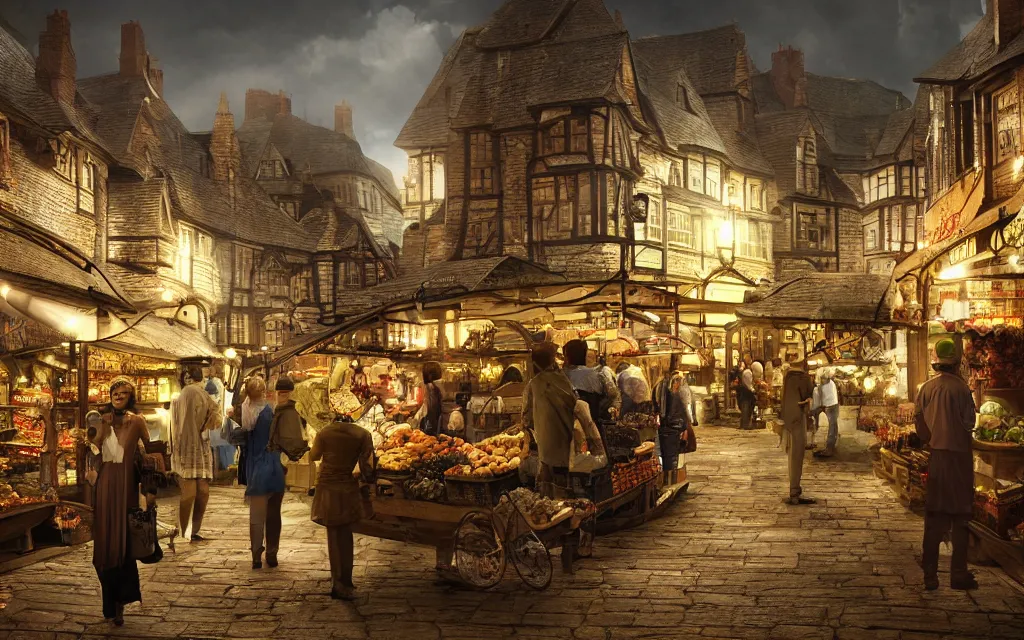 Image similar to at the market of a medeveil english town highly detailed, cinematic lighting, render, fantasy