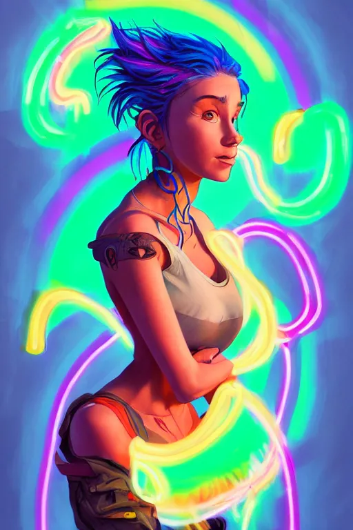 Prompt: a award winning half body portrait of a beautiful woman with stunning eyes in a off shoulder croptop and cargo pants with rainbow colored hair, outlined by whirling illuminated neon lines and fine lines swirling in circles by jesper ejsing and rhads and makoto and shinkai and lois van baarle, digital art, trending on artstation