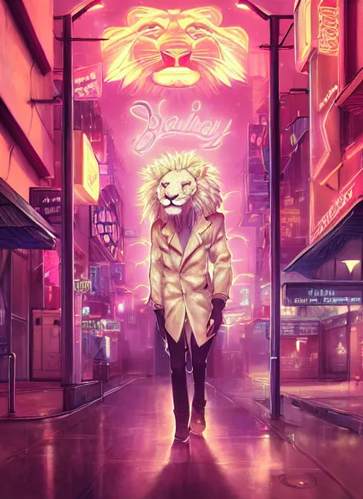 Image similar to beautiful portrait commission of a albino male furry anthro lion wearing a tiger striped jacket. vaporwave city at night in the rain. Neon light. Atmospheric. Character design by charlie bowater, ross tran, artgerm, and makoto shinkai, detailed, inked, western comic book art