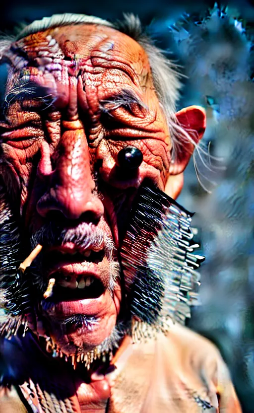 Prompt: screaming old asian man with beard, his head covered in jewels, full face silver mask, glowing eyes, wearing a wooden stick, smoke around him, in the dry rock desert, cinematic shot, wide angle, desert background, award winning photography, 8k, in the style of David Lynch, Alejandro Jodorowsky and Gaspar Noe