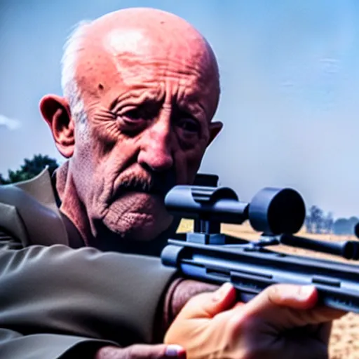 Image similar to Film still of Mike Ehrmantraut aiming with a !!!sniper rifle!!!, 4k, !!highly detailed!!